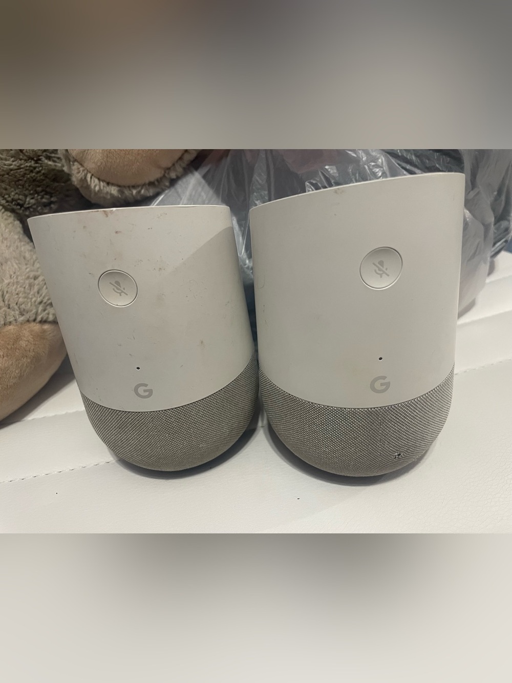 Google Home Smart Speakers in Chalk and Gray